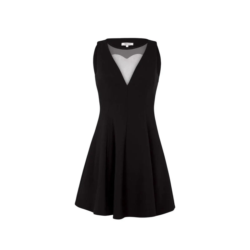 Black sleeveless a-line dress by Morgan De Toi with a sheer gray v-neck panel made from lightweight fabric