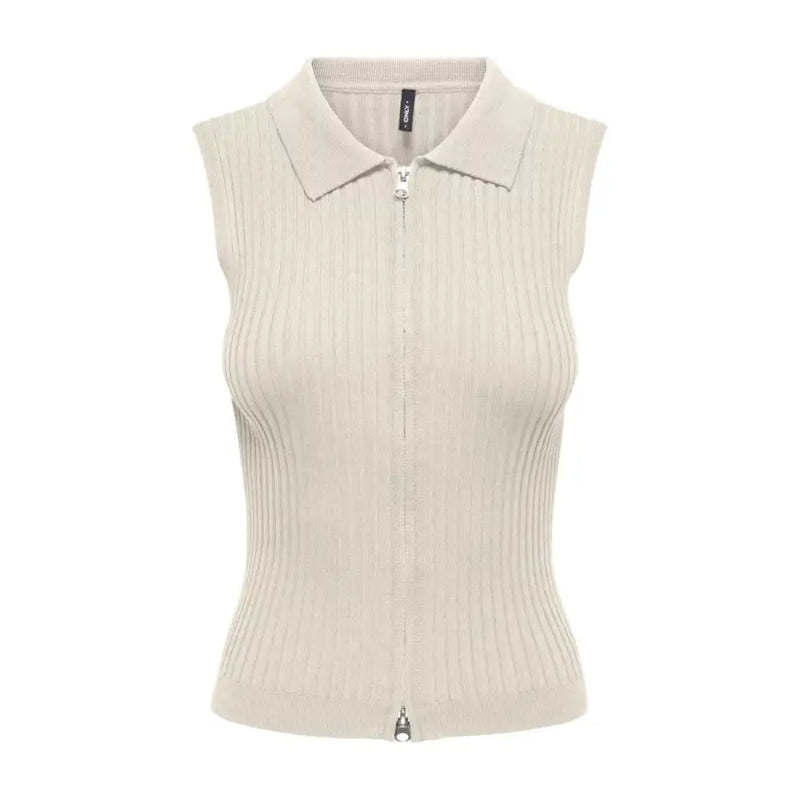 Cremefarbene, gerippte, ärmellose Strickjacke mit Reißverschluss für Damen