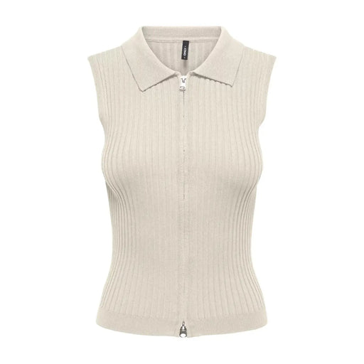 Cream-colored ribbed knit sleeveless zip cardigan for women