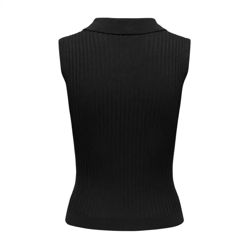 Schwarzer, gerippter, ärmelloser Cardigan mit Reißverschluss für Damen mit Kragen