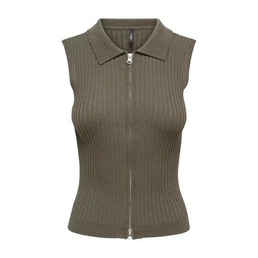 Olive green ribbed knit sleeveless zip cardigan for women with collar