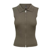 Olive green ribbed knit sleeveless zip cardigan for women with collar