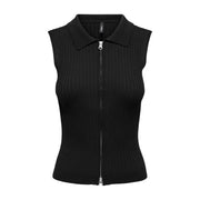 Black sleeveless zip cardigan for women in ribbed knit fabric with collar and front zipper closure