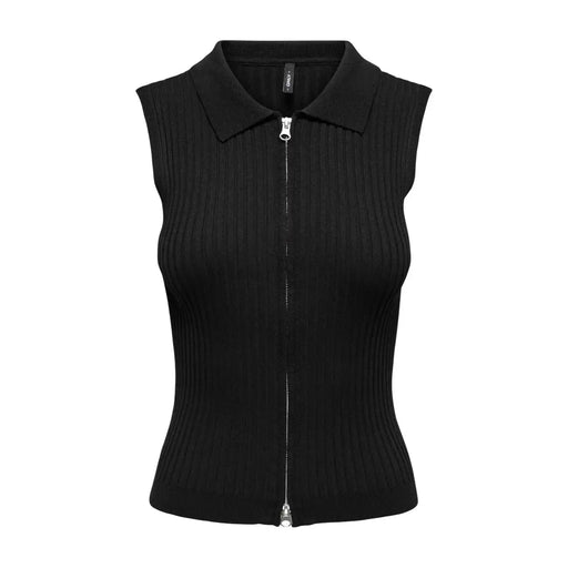 Black sleeveless zip cardigan for women in ribbed knit fabric with collar and front zipper closure