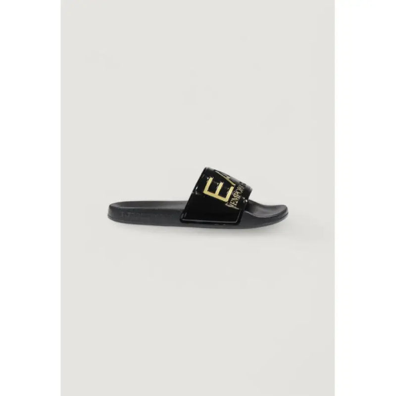 Black slide sandal with gold logo from EA7 Women Slip-On White Slippers for Spring/Summer