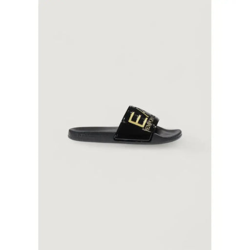 Black slide sandal with gold logo from EA7 Women Slip-On White Slippers for Spring/Summer