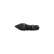 Black pointed-toe lace-up pump with glossy finish and ankle strap featured in black slingback heel with embellishments