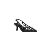 Black leather slingback pump with pointed toe, silver stud embellishments on crisscross straps and heel