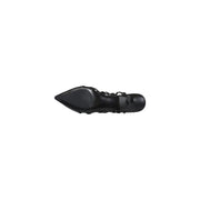 Black pointed-toe lace-up pump with glossy finish and ankle strap featured in black slingback heel with embellishments