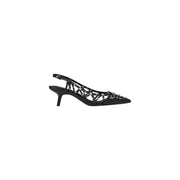 Black satin slingback pump with geometric lattice design and sparkling rhinestone embellishments