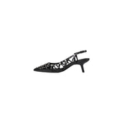Black satin slingback heel with pointed toe and decorative silver studs along the straps