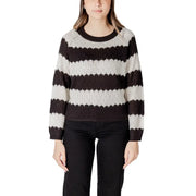 A cozy black and cream acrylic long sleeve round neck sweater with bold horizontal stripes