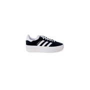 Black suede Adidas Gazelle platform sneakers with white stripes and laces for women