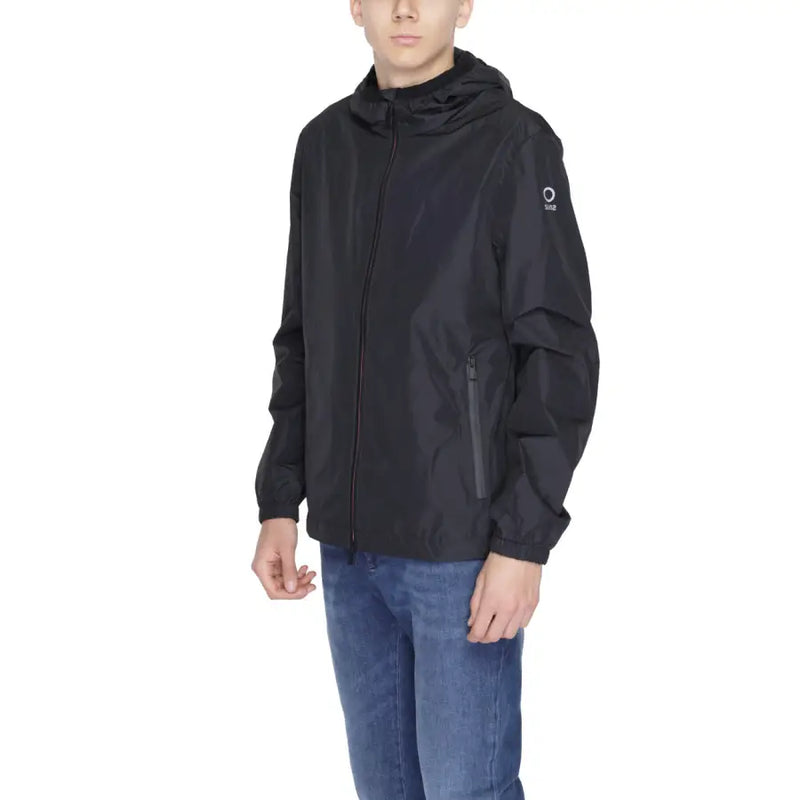 Black suns men’s jacket with a black hooded design and subtle logo on the left sleeve for spring and summer wear