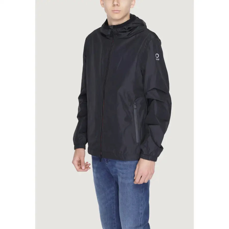 Black suns men’s jacket featuring a black hooded design with subtle left sleeve logo and zippered pockets for spring and summer use