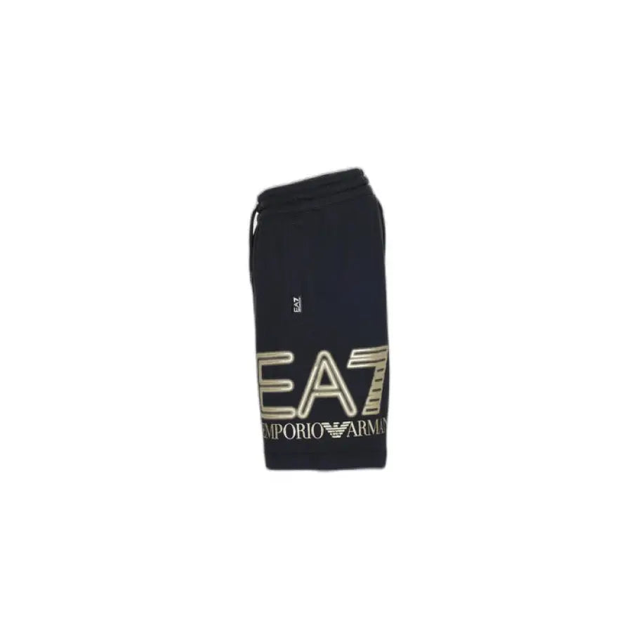 
                      
                        EA7 urban style clothing - Black sweat shorts with gold logo for men
                      
                    