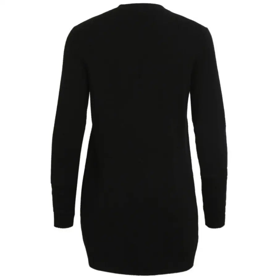 Vila Clothes black sweater dress with long sleeves, V neckline, and scooped back. Urban style