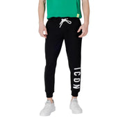 Black sweatpants with white drawstring and ICON print for casual comfort