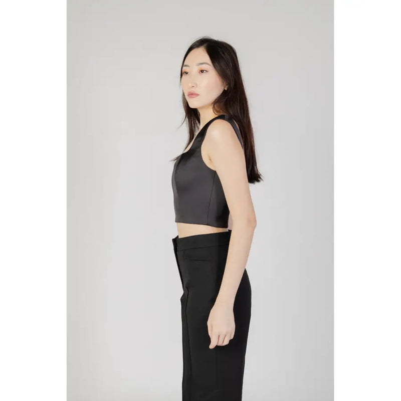 Black sweetheart neckline women’s tank top in black satin with a sleek form-fitting design and subtle sheen
