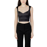 Black satin sweetheart neckline women’s tank top with square neckline and structured bodice in black satin
