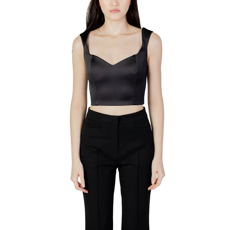 Black satin sweetheart neckline women’s tank top with square neckline and structured bodice in black satin