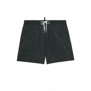 Black swim trunks with white drawstring and Dsquared2 logo for stylish swimming attire