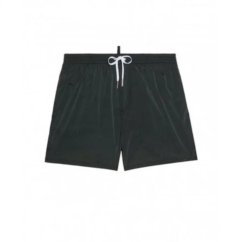 Black swim trunks with white drawstring and Dsquared2 logo for stylish swimming attire