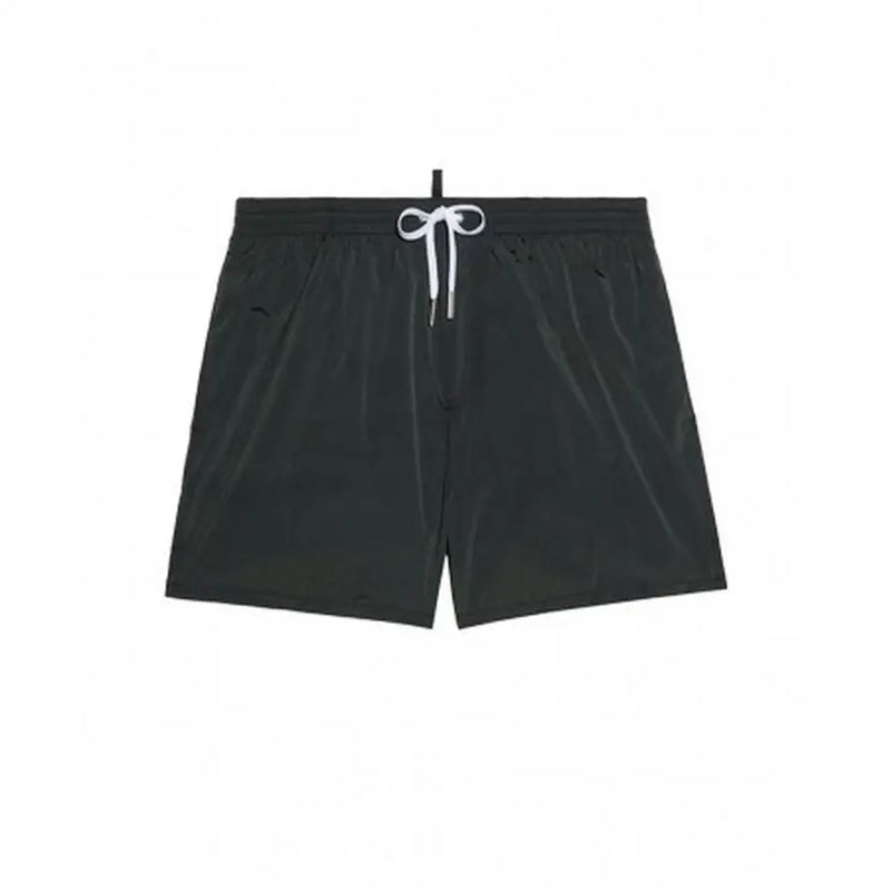 Black swim trunks with icon Dsquared2 logo and white drawstring tie at the waist for swimwear use