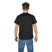 Black short-sleeved crew neck t shirt with a floral pocket detail suitable for casual wear