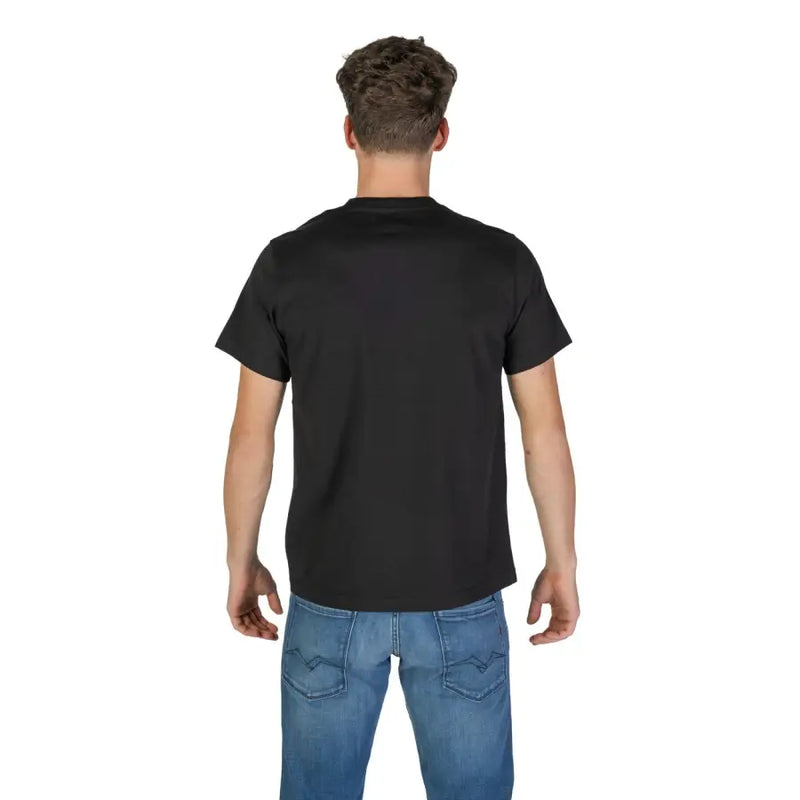 Black short-sleeved crew neck t shirt with a floral pocket detail suitable for casual wear