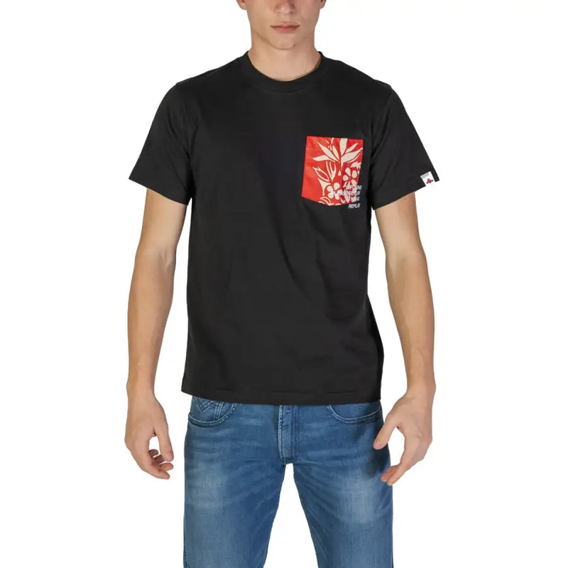 Black short-sleeved t shirt with red floral pocket design and small white brand tag on the sleeve
