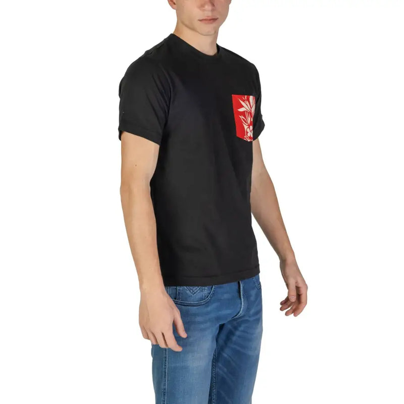Black short-sleeved t shirt with a red floral pocket featuring white leaf embroidery for casual wear