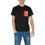 Black short-sleeved cotton t shirt with red floral pocket design on the left chest for casual wear