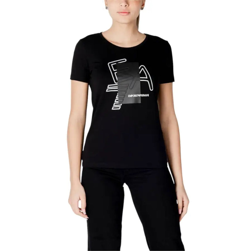 Black emporio armani t shirt with bold white and gray graphic logo on the chest in a sleek black fabric