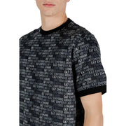 Black Ea7 Men Cotton T-Shirt with Round Neck and Repeating Logo Pattern