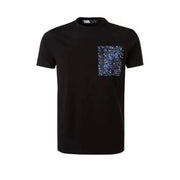Black graphic T-shirt featuring a patterned pocket for a stylish casual look