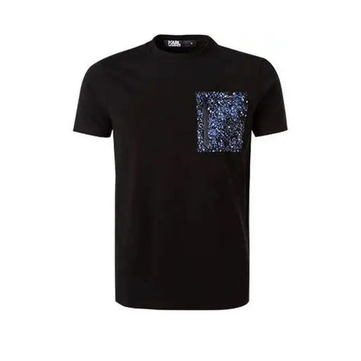 Black graphic T-shirt featuring a patterned pocket for a stylish casual look
