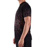 Schwarzes Kurzarm-T-Shirt mit rosa-weißem Glitzermuster aus Baumwolle