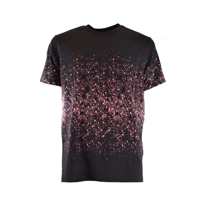 Schwarzes Kurzarm-T-Shirt mit rosa-weiß gesprenkeltem Farbverlauf für lässige Anlässe