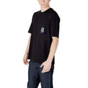 Black cotton round neck T-shirt with pocket logo by Armani Exchange for men