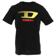 Black T shirt featuring a vibrant yellow and red logo for casual wear