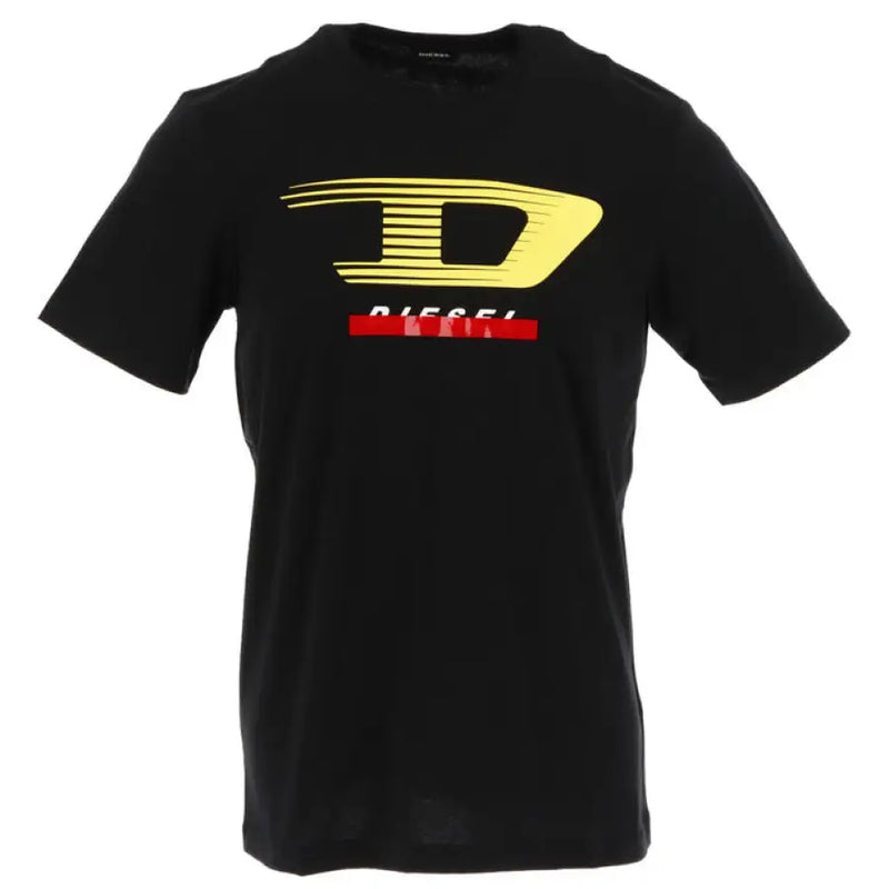 Black T shirt featuring a vibrant yellow and red logo for casual wear