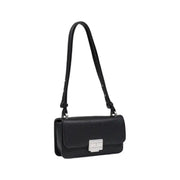 Black textured leather shoulder bag displayed in a product image