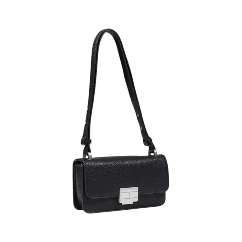 Black textured leather shoulder bag displayed in a product image