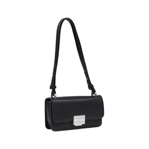 Black textured leather shoulder bag displayed in a product image