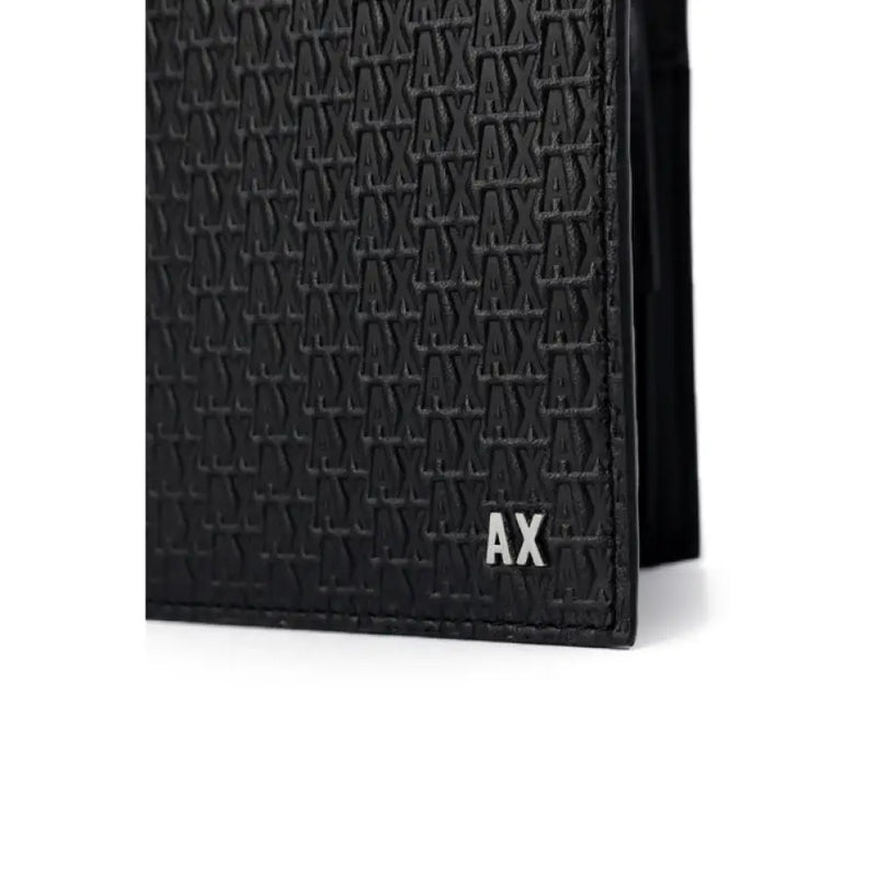 Black textured Armani Exchange wallet with logo for men, elegant and stylish accessory