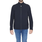Black turtleneck jacket for men in nylon and spandex with a stand collar zipper and logo patch on the sleeve