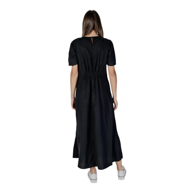 Black V-neck short dress by B.young featuring black cotton midi length with short sleeves and gathered waist detail