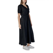 Black v-neck short midi dress by B.young with short puffed sleeves and gathered waist in lightweight fabric