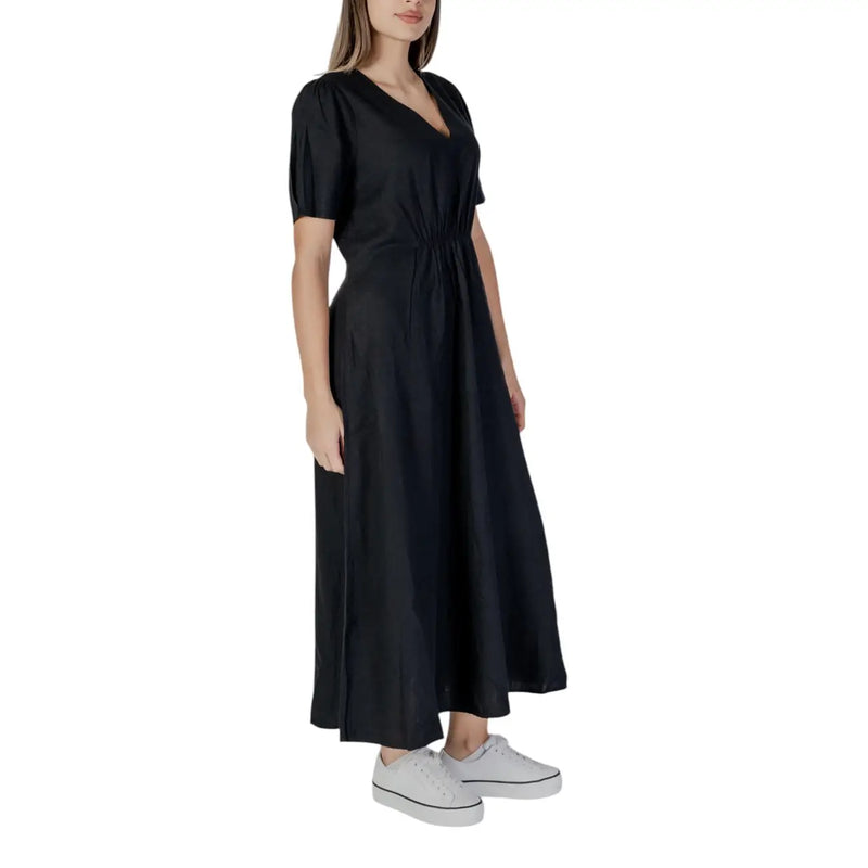 Black v-neck short midi dress by B.young with short puffed sleeves and gathered waist in lightweight fabric